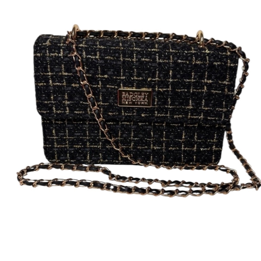 Badgley Mischka Black and Gold Tweed Crossbody Bag